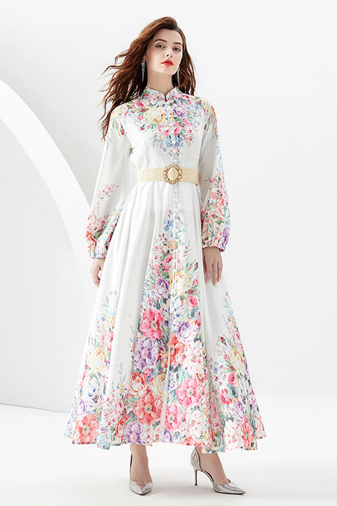 Sweet Young Lady Vintage Floral Print Long Lantern Sleeves, Stand-Up Collar Long Maxi Dress